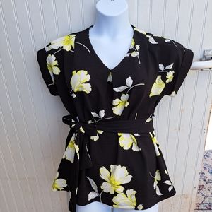Worthington Peplum Tie Waist Black, White & Yellow Floral Top Medium